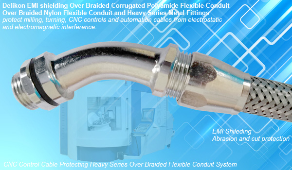Delikon EMI Shielding Over Braided Corrugated Nylon Flexible Conduit and Heavy Series Metal Fittings are used primarily in the electrical wire interconnect industry to protect cables from electrostatic and electromagnetic interference.The interwoven conductive stainless steel wire acts as a ground-path barrier that attenuates cable electrical field interference. In addition, braided shielding flexible conduit provides abrasion and cut protection for critical wiring, a particular concern in environments, such as milling and turning machines, where vibration or other forms of rough handling may result in damage to individual wire conductors and cable bundles.