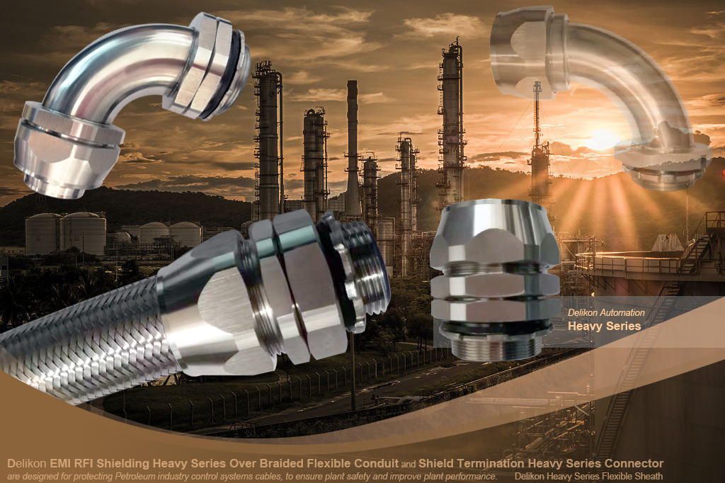 Delikon EMI RFI Shielding Heavy Series Over Braided Flexible Conduit and EMI RFI Shield Termination Heavy Series Connector are designed for protecting oil industry chemical plant automation control systems cables, to ensure plant safety and improve plant performance.Delikon EMI RFI Shielding Heavy Series Over Braided Flexible Conduit EMI RFI Shielding Termination Heavy Series Connector provide mechanical protection and effective emi shielding to SCADA communication network Fibre Optic FO and copper cable.