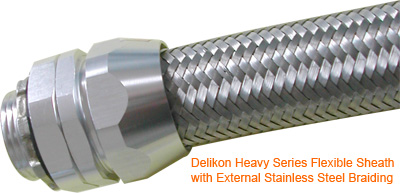 Delikon Heavy Series Flexible Sheath with External Stainless Steel Braiding for protection against sparks and slag, interference shielding Heavy Series Over Braided Flexible Conduit for PLC wiring in Oil and Gas Industry, automotive industry, steel industry and mining industry 