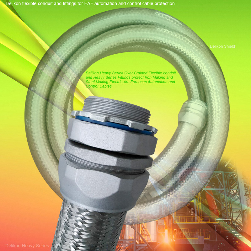 Delikon Heavy Series Over Braided Flexible conduit and Heavy Series Fittings protect Iron Making and Steel Making Electric Arc Furnaces Automation and Control Cables, Delikon flexible conduit and fittings for EAF automation and control cable protection. Delikon offers a complete range of Heavy Series Over Braided Flexible conduit and Heavy Series Fittings, protecting Automation and Control Cables of high impedance AC EAFs, single and twin cathode DC EAF, providing mechanical as well as emi shielding for DC EAF and AC EAF electrical and data cables. 