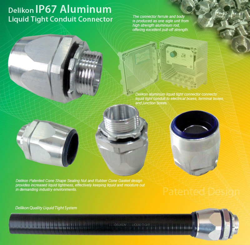 Delikon aluminum liquid tight connector connects liquid tight conduit to electrical boxes, terminal boxes, and junction boxes. Delikon Patented Cone Shape Sealing Nut and Rubber Cone Gasket design provides increased liquid tightness, effectively keeping liquid and moisture out in demanding industry environments. The ferrule and body is machined as one sigle unit from high strength aluminium rod, offering excellent pull-off strength. Most suitable for industry automation cable protection.