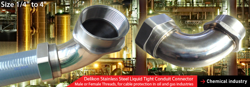 Delikon 1/4 inch to 4 inches stainless steel liquid tigh connector resists corrosion and oxidation, with male or female threads, are relied upon by leading petrochemical organisations for protection of their electrical and data cables in Corrosion Environments.